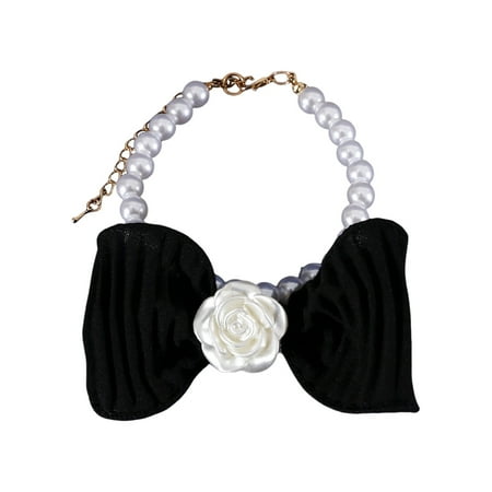 Aruwei Pet Collar with Bow Tie and Camellia Pendant Adjustable Bead Necklace Princess Style Artificial Pearl Jewelry for Cats and Puppies