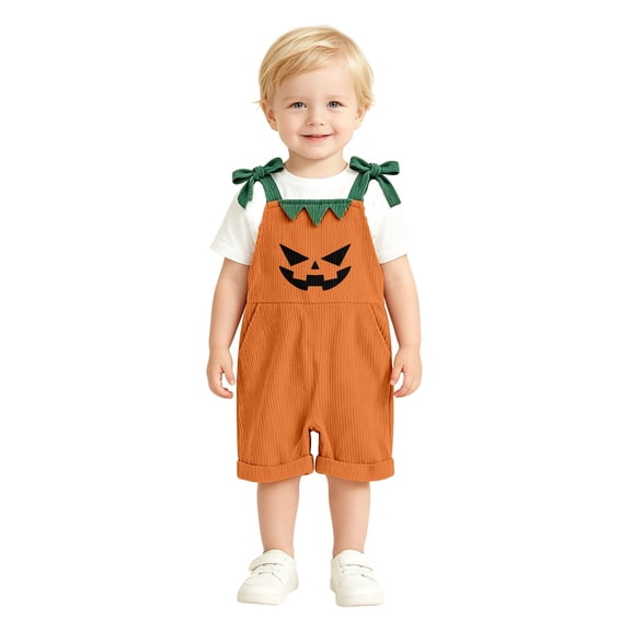 Shadoumai Halloween Romper Themed Casual Pumpkin Face Dungarees For Girls Romper Jumpsuit, Playful Adjustable Straps Daily Clothes Romper