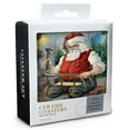 thumbnail image 2 of Lantern Press Ceramic Coaster Set, Christmas Greeting, Santa Building Sled, Cork Back, Absorbent, Unique Art, 2 of 3