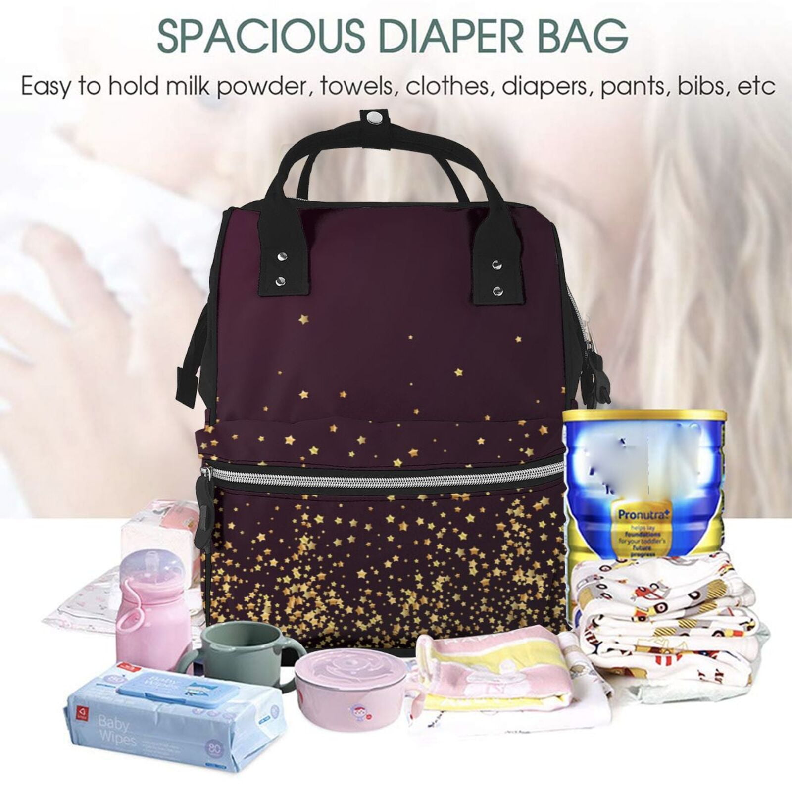 Fuzoiu Gold stars luxury sparkling Print Diaper Bag Backpack,Baby Essentials Travel Tote,Multi function Waterproof Diaper Bag, Travel Essentials Baby Bag - Unisex
