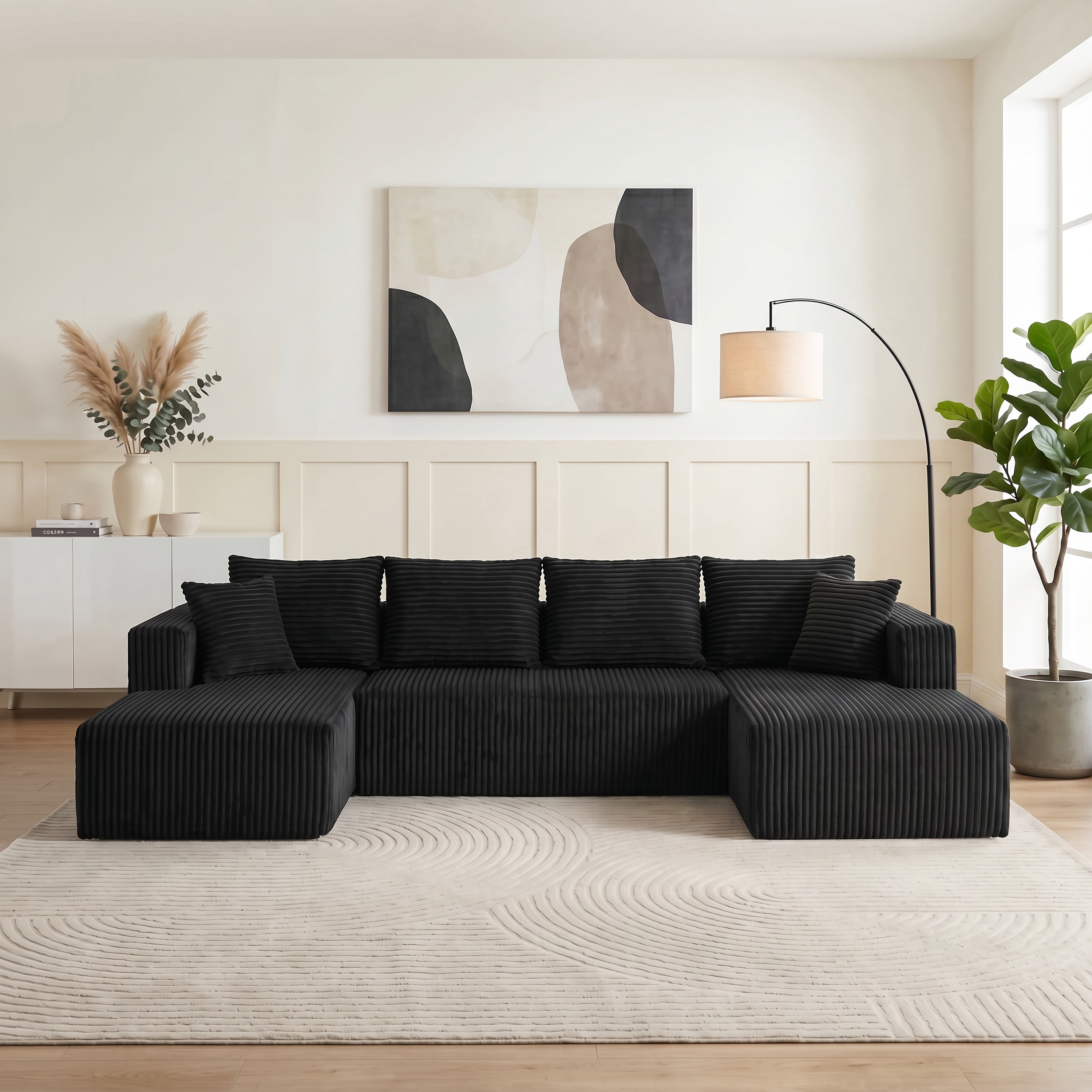 U Shaped 132 Inch Modular Sectional Sleeper Sofa, Boneless Cloud Couch, Oversized Deep Seat Corduroy Couch for Living Room and Apartment, No-Assembly, Black