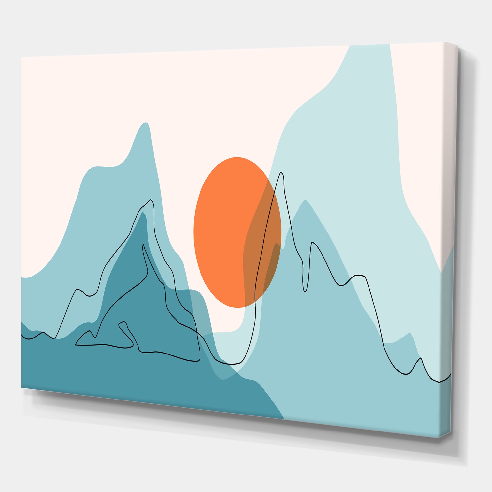 Designart ' Abstract Blue Mountains With Red Moon I ' Modern Canvas Wall Art Print