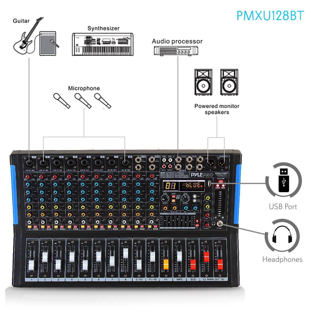 PYLE PMXU128BT - 12-Ch. Bluetooth Studio Mixer - DJ Controller Audio Mixing Console System