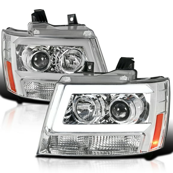 Spec-D Tuning Chrome LED Bar Projector Headlights Compatible with 2007-2014 Chevy Avalanche, Tahoe, Suburban, Left Right Pair Headlamps Assembly