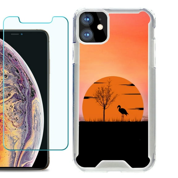 For Apple iPhone 11 Case, Hybrid Bumper Phone Case, with Tempered Glass Screen Protector, by OneToughShield ® - Sunset Flamingo