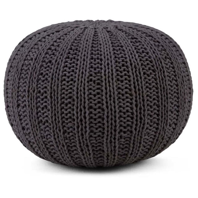 Simpli Home Shelby Boho Round Hand Knit Pouf in Slate Gray Cotton