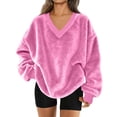 thumbnail image 2 of Resicozy Fuzzy Flannel Sweatshirt for Women Fluffy Pullover Sweaters Long Sleeve Oversized V Neck Sweatshirt Hot Pink M, 2 of 9
