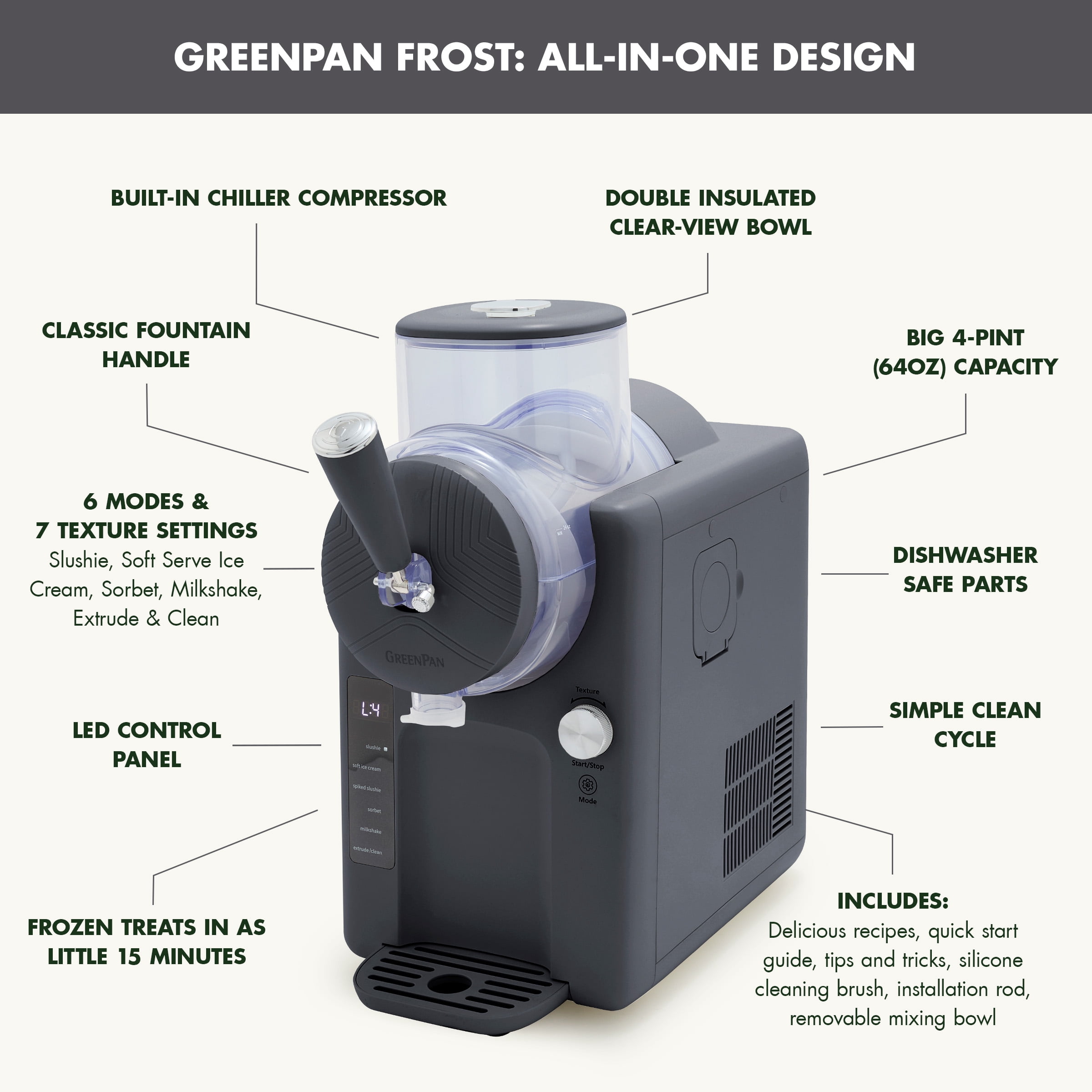 GreenPan Frost 6-Mode Ice Cream, Frozen Drink, Slushie & Milkshake Maker, No Freezer Needed