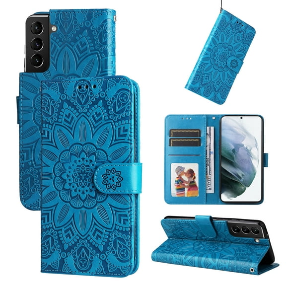 Wallet Case for Samsung Galaxy S23 Plus, Exquisite Flower Embossed Pattern Magnetic Clasp PU Leather Flip Folio Cover with Kickstand Card Slots Holder Soft Silicone Shockproof Case,Blue
