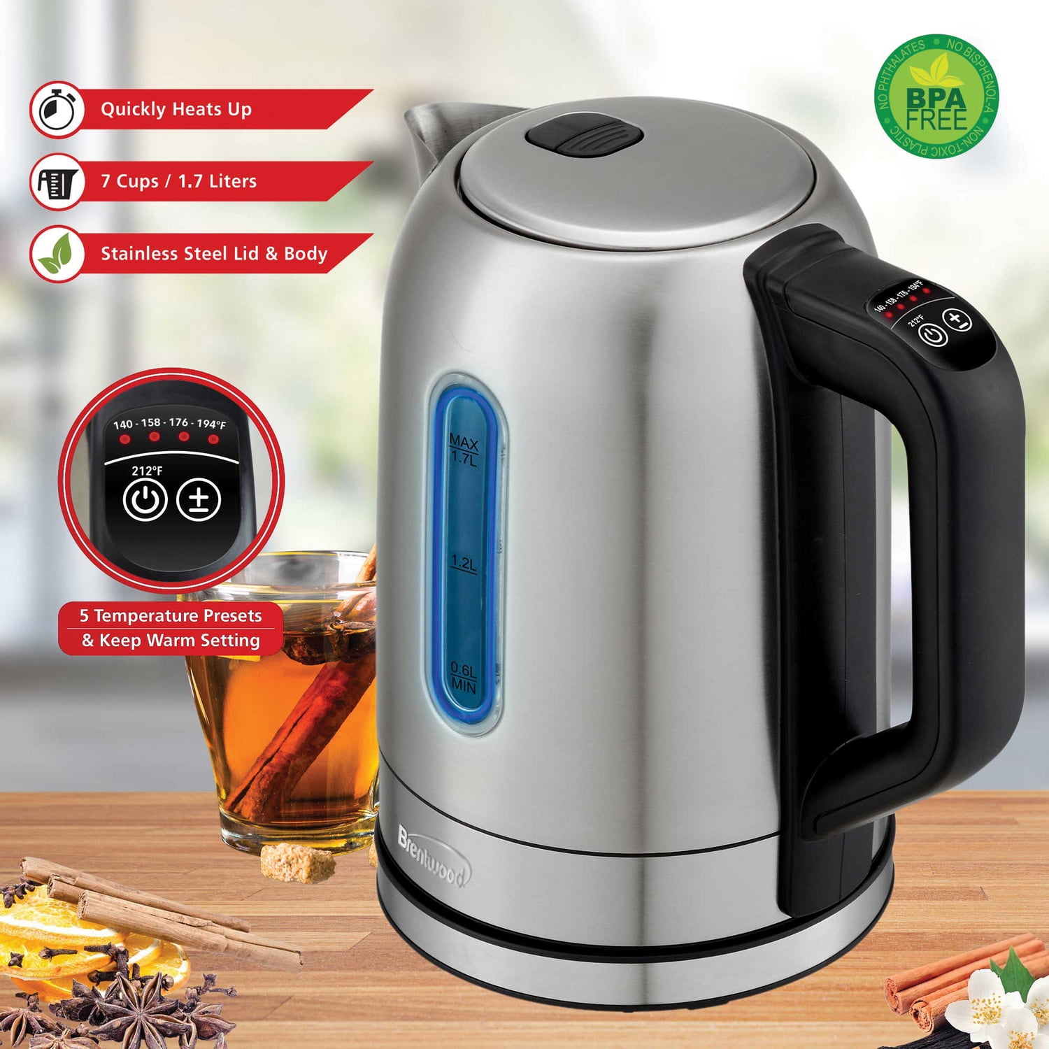 Brentwood 1,500-Watt 1.79-Qt. Cordless Digital Stainless Steel Kettle with 5 Temperature Presets and Swivel Base