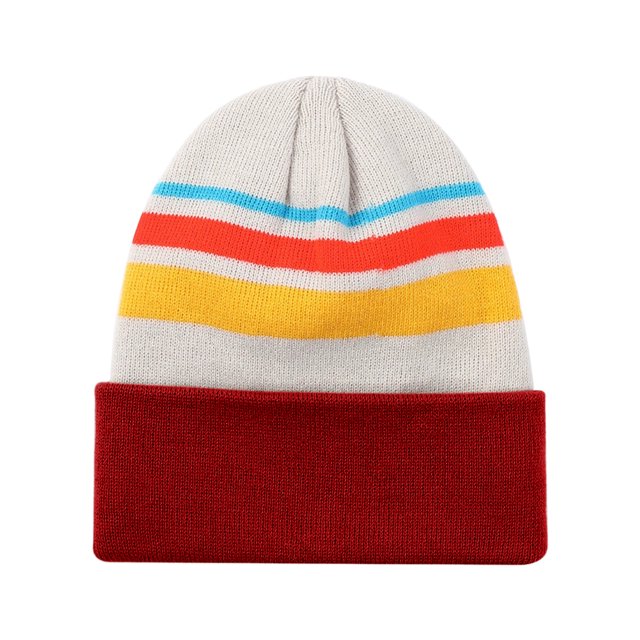 TOPTIE Bonnet Tricoté à Rayures Multicolores Hiver Doux Unisexe Bonnet de Sport avec Pompon-Rouge