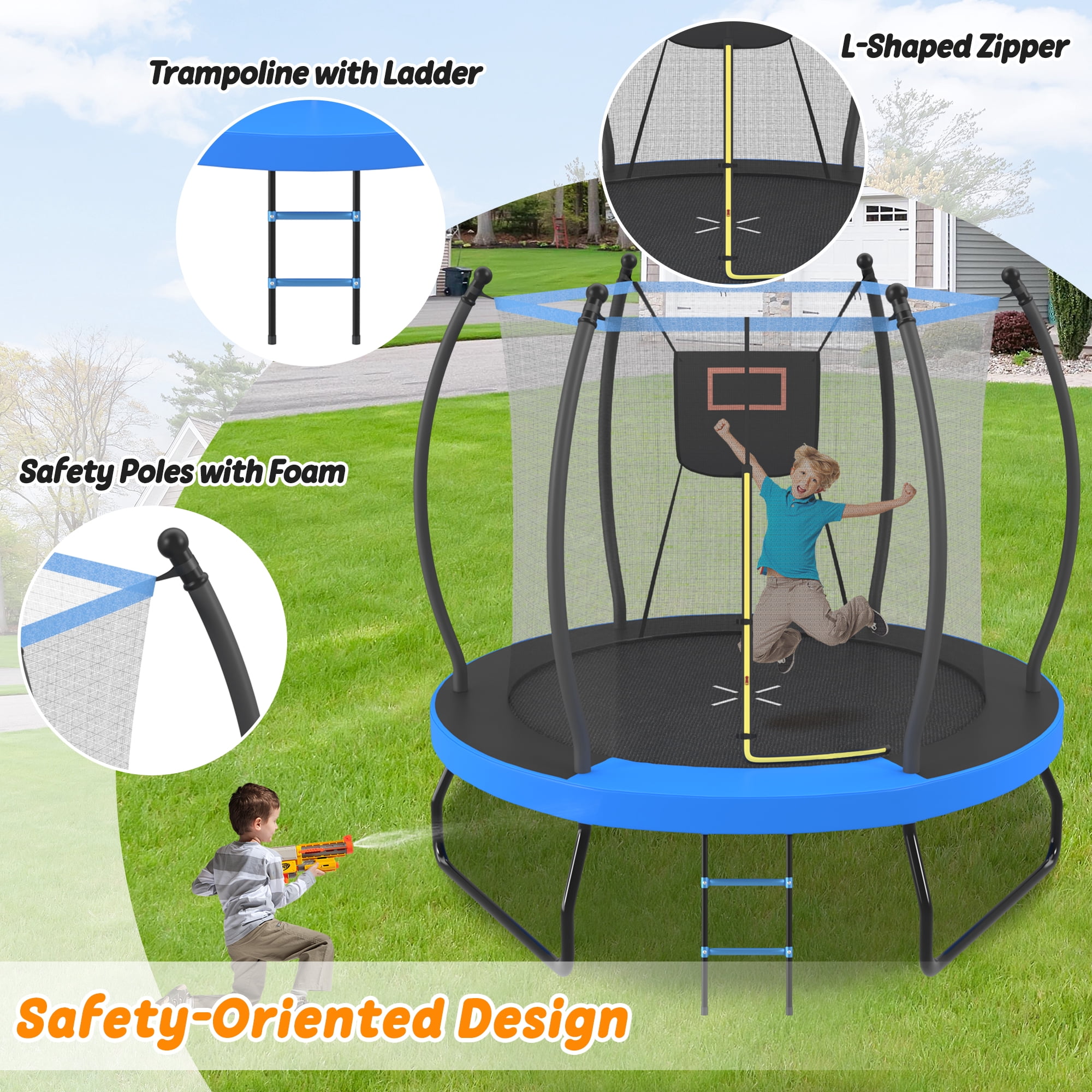 8FT Trampoline with Basketball Hoop, Enclosure Net and Ladder, Outdoor Recreational Backyard Trampoline