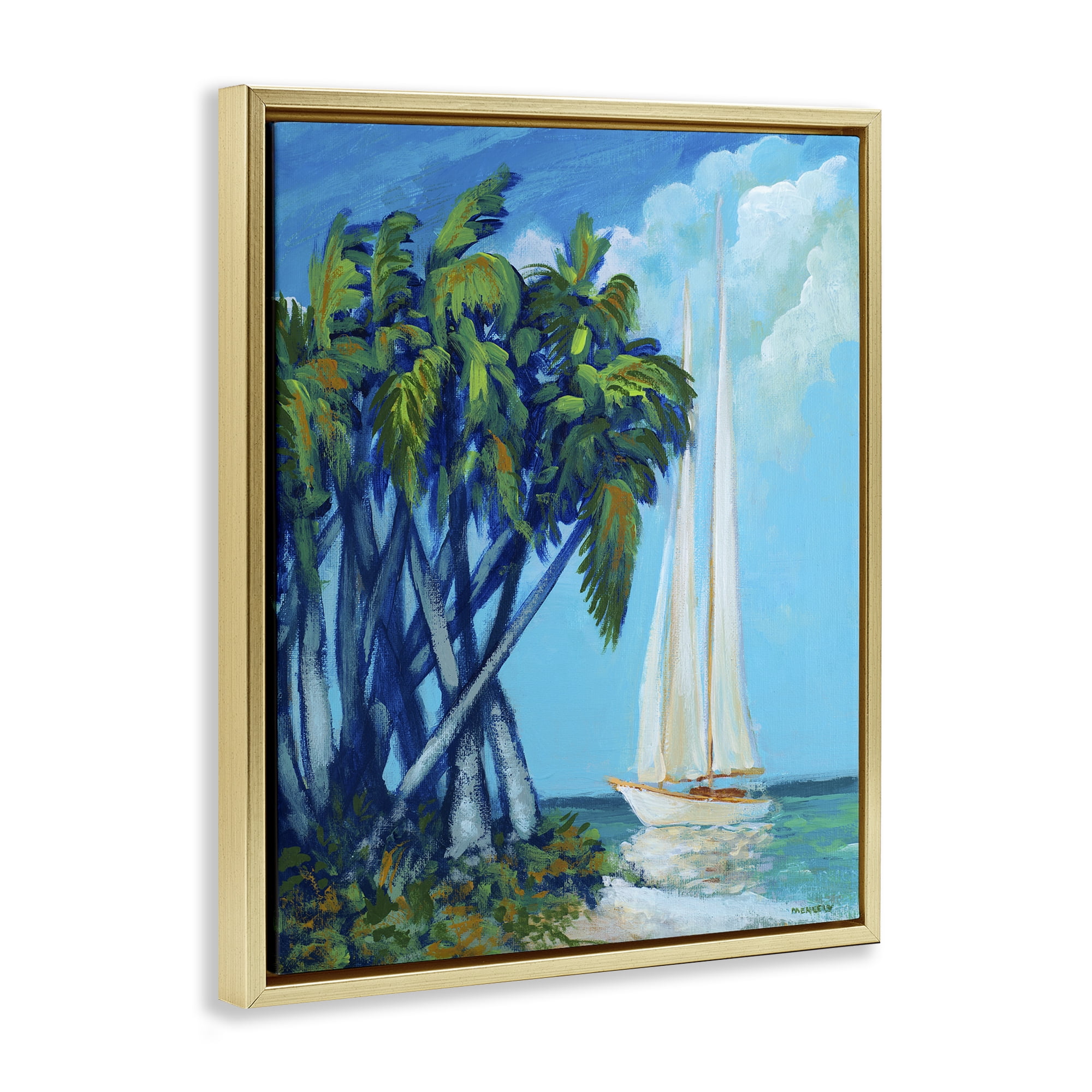 Stupell Industries Sailboat & Twisted Palms Gold Framed Floater Canvas Wall Art, design by Dan Meneely