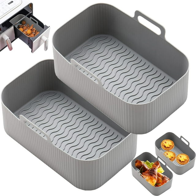Accessoires de Panier pour Friteuse à Air Chaud-2 Pcs Moule Réutilisable pour Friteuse à Air Accessoire pour Friteuse à Air Plat Antiadhésif Double Compartiment pour Friteuse à Air Moule pour Friteuse à Air (2 Gris)