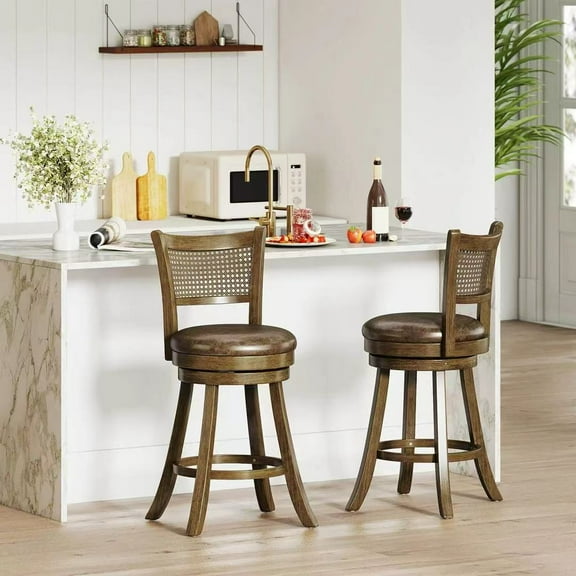 Auranook Set of 2 Bar Stools 25" Swivel Bar Chairs with PE Rattan Backrest Counter Height