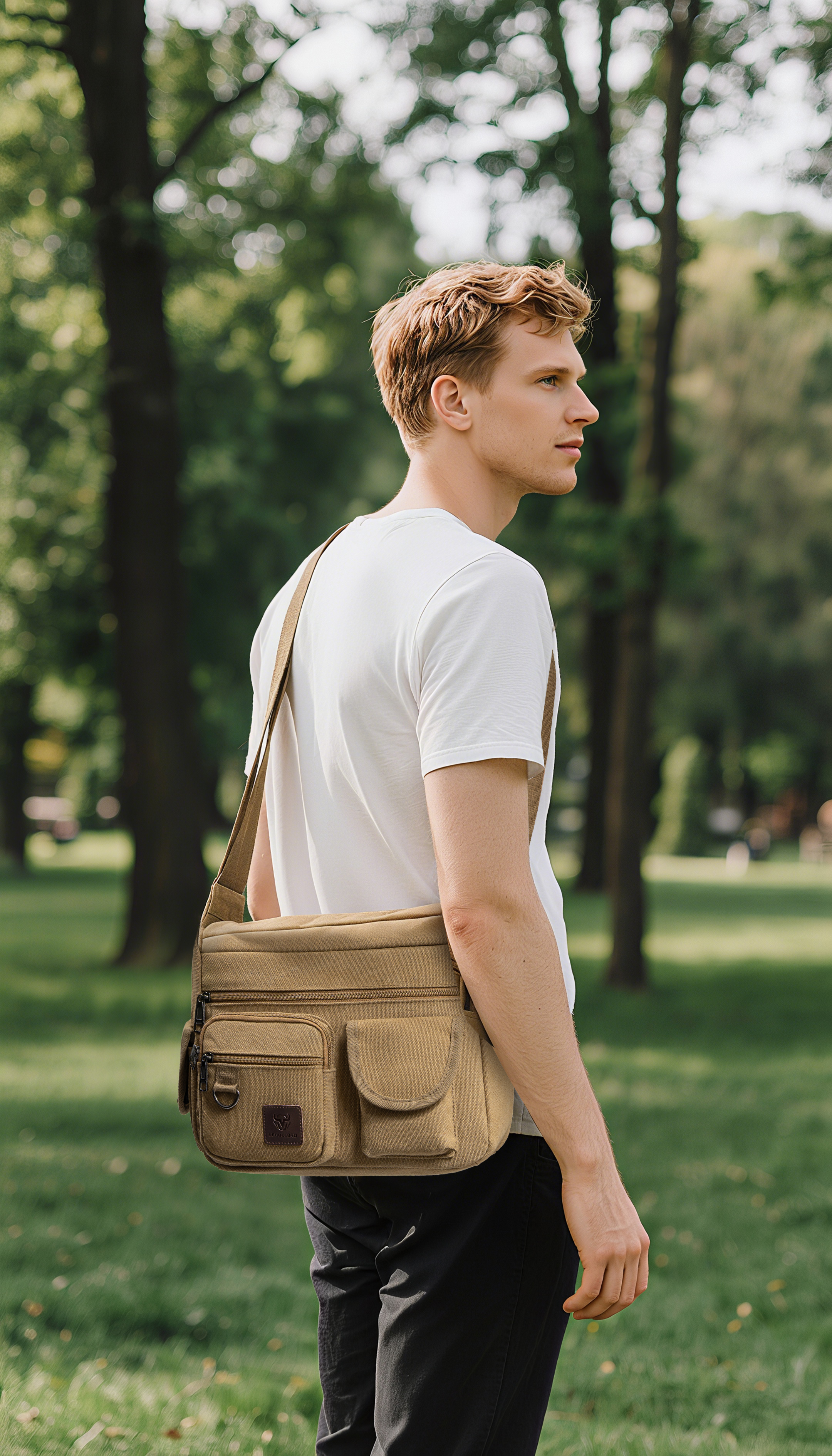 LEBULLBRO Canvas Messenger Bag for Mens Womens Multi-pockets 13 inch Laptop Shoulder Sling Bags School Crossbody Bags Travel Khaki