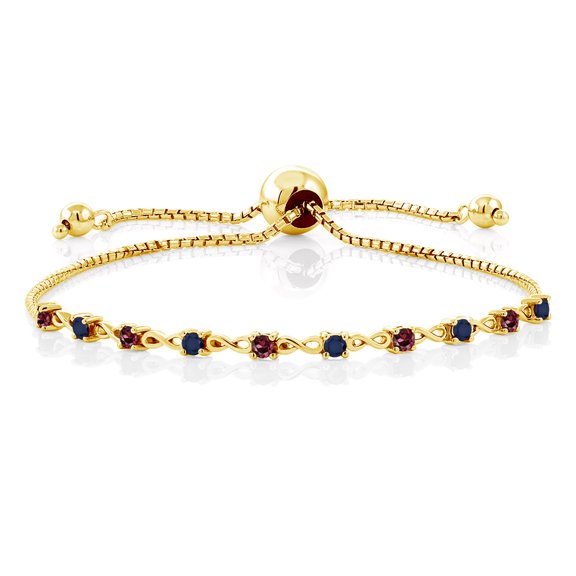 Gem Stone King 18K Yellow Gold Plated Silver Red Rhodolite Garnet and Blue Sapphire Tennis Bracelet for Women (0.75 Cttw, Gemstone Birthstone, Fully Adjustable up to 9 inch)