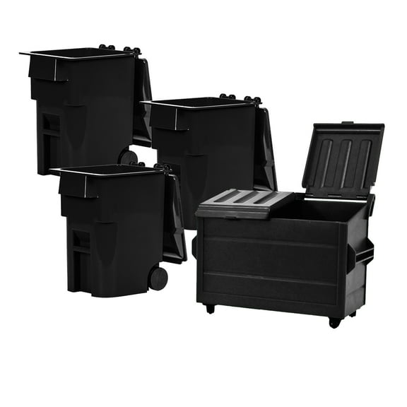 Black Dumpster & 3 Black Trash Cans With Lid & Wheels for WWE & AEW Wrestling Figures