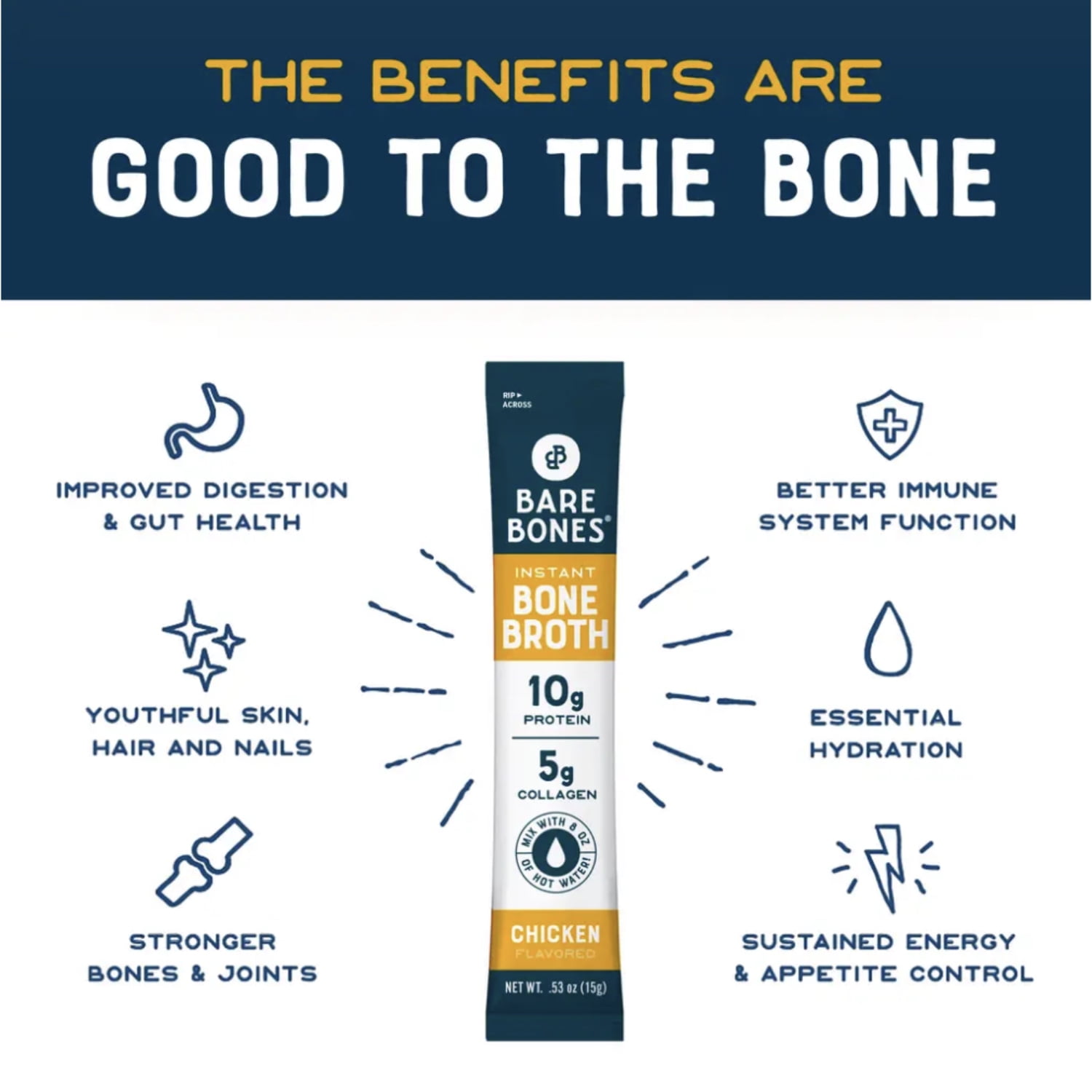 Bare Bones Instant Chicken Bone Broth Sticks, 10G Protein, 4.23 oz, 8 Count