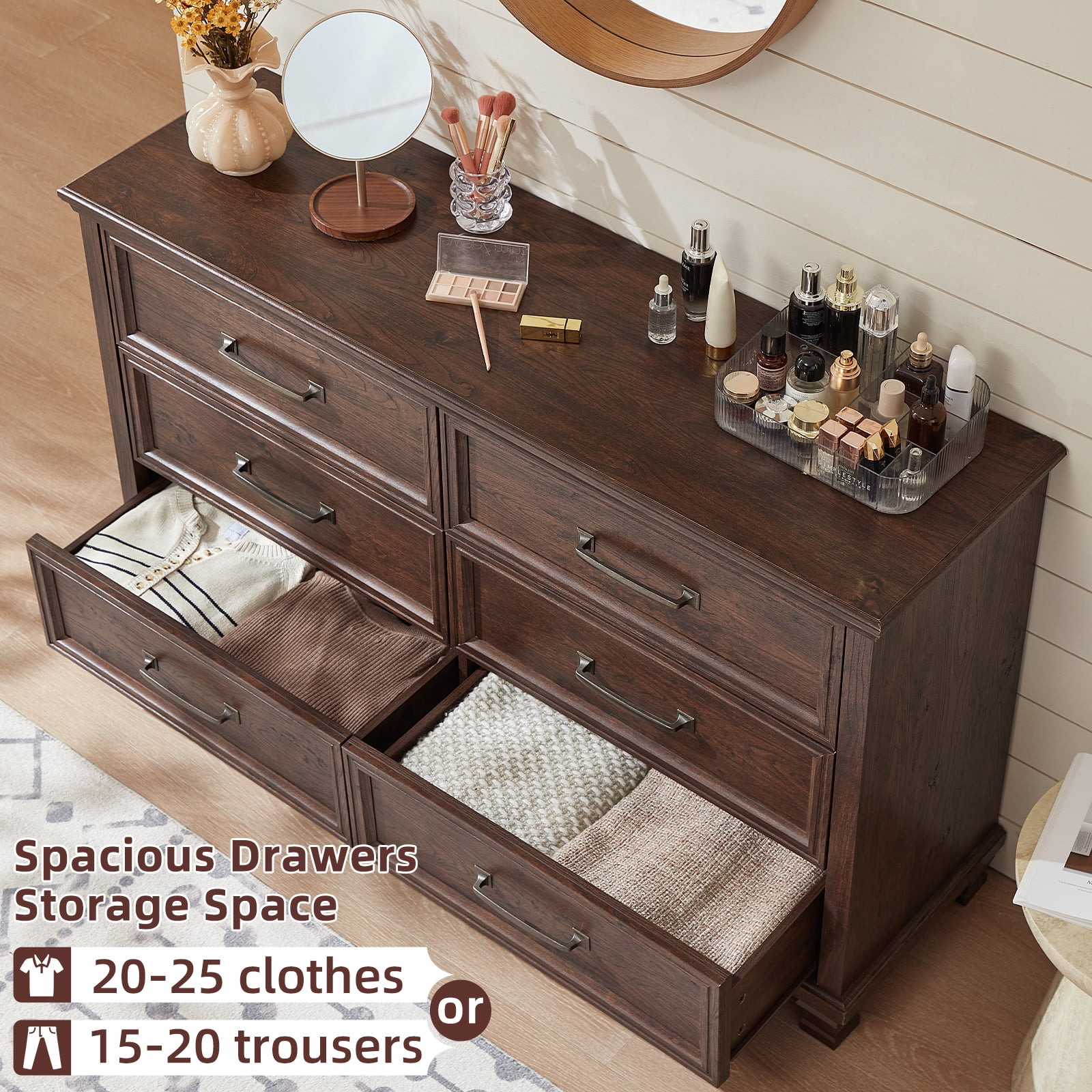 LELELINKY Farmhouse 6 Drawer Dresser, 54" Long Dressers for Bedroom, Chest of Drawers Closet Organizers and Storage Clothes for Living Room, Hallway, Walnut