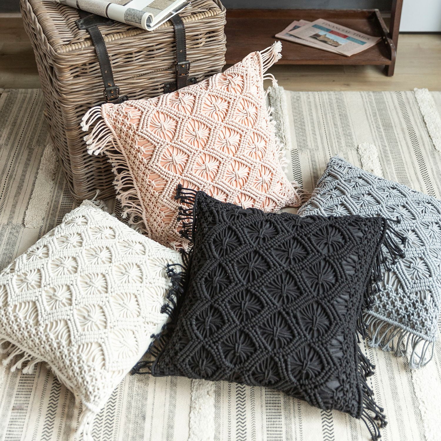 Phantoscope 100% Cotton Handmade Crochet Woven Checked Throw Pillows, 18 x 18 in Square Cushions with Tassels, Boho Style, Pure White, 2 Pack