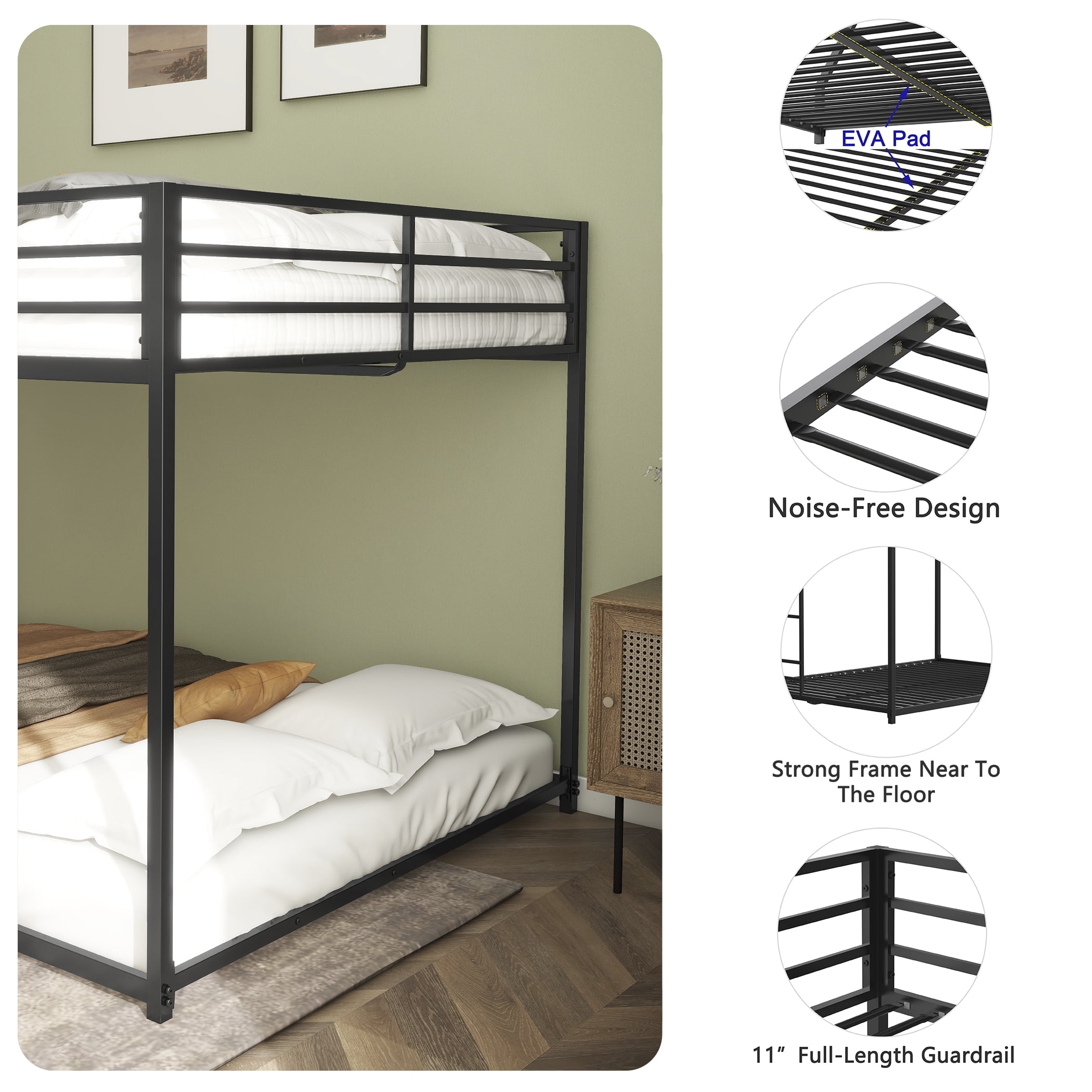 Miniyam Full over Full Metal Bunk Bed with Safety Guardrails, Ladder for Teens, Black