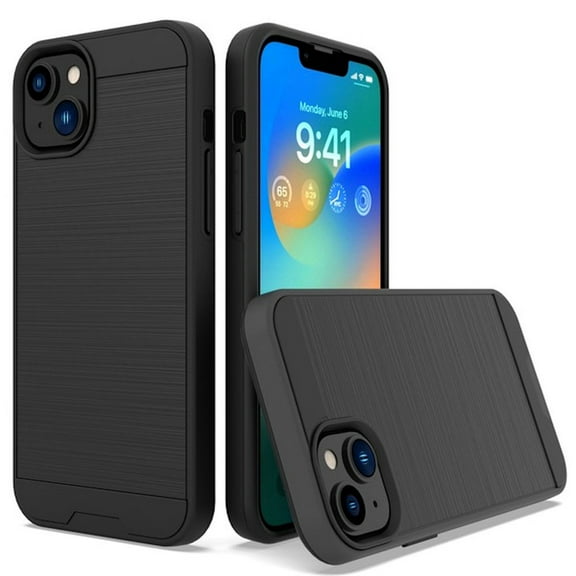 Brushed Metal Textured Hybrid Armor Case for iPhone 14 Plus - Black