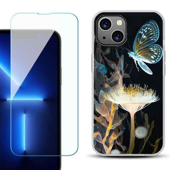 Slim-Fit TPU Phone Case for iPhone 14 Plus, with Tempered Glass Screen Protector, by OneToughShield ® - Butterfly Translucent