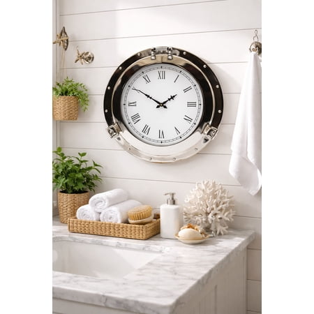 17 Inch Aluminum Nautical Ship Porthole Wall Clock – Vintage Maritime Decor with Roman Numerals, Silent Quartz Movement