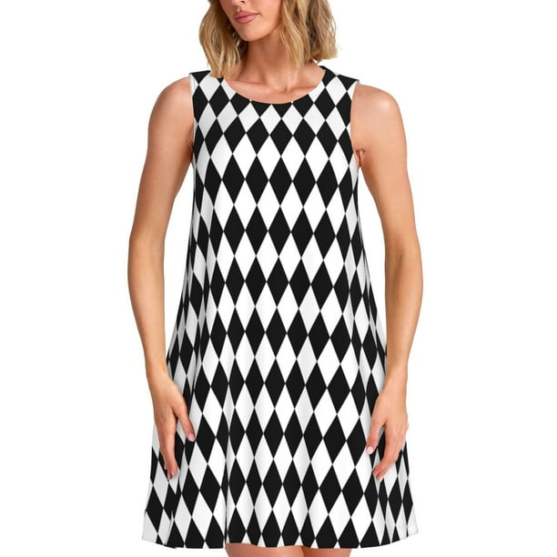 Fotbe Black And White Diamonds Vestido de Verano sin Mangas para Mujer – Vestido Midi Línea A, Estilo Camiseta Floral, Vestido Playero Casual y Fluido