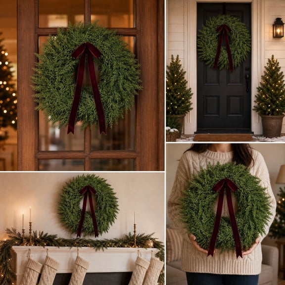 Artificial Green Wreath with Burgundy Velvet Bow, Front Door Christmas Holiday Wreath Decor