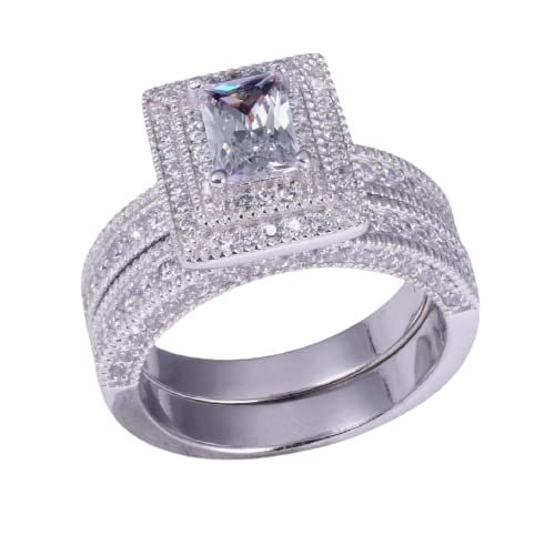 HeartsAndYou 3ct Radiant Cut Moissanite Engagement Ring for Women 18k White Gold over Silver Milgrain Double Halo