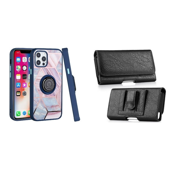 Bemz Ring Series Case for iPhone 14 Plus (TPU Silicone Cover with Magnetic Stand) and PU Leather Coin Card Wallet Belt Holster Pouch - Blue on Pink Marble