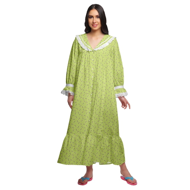 Moomaya Robe de Nuit Maxi à Manches Longues Imprimée Boutonnée en Coton