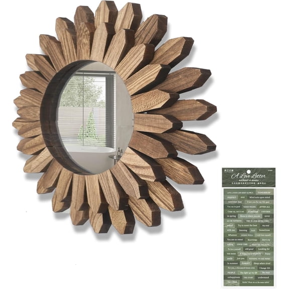 TPBSITNS Wooden Wall Mirror Decorative, Rustic Wood Mirror Decor 12in/30cm Sunburst Boho Hanging Mirrors for Bedroom Living Room Bathroom Entryway Farmhouse Home Gift with Nice Sticker Decals