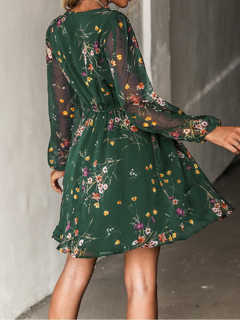 Cupshe Women's Floral Print Chiffon A-Line Mini Dress Long Peasant Sleeves,  Green