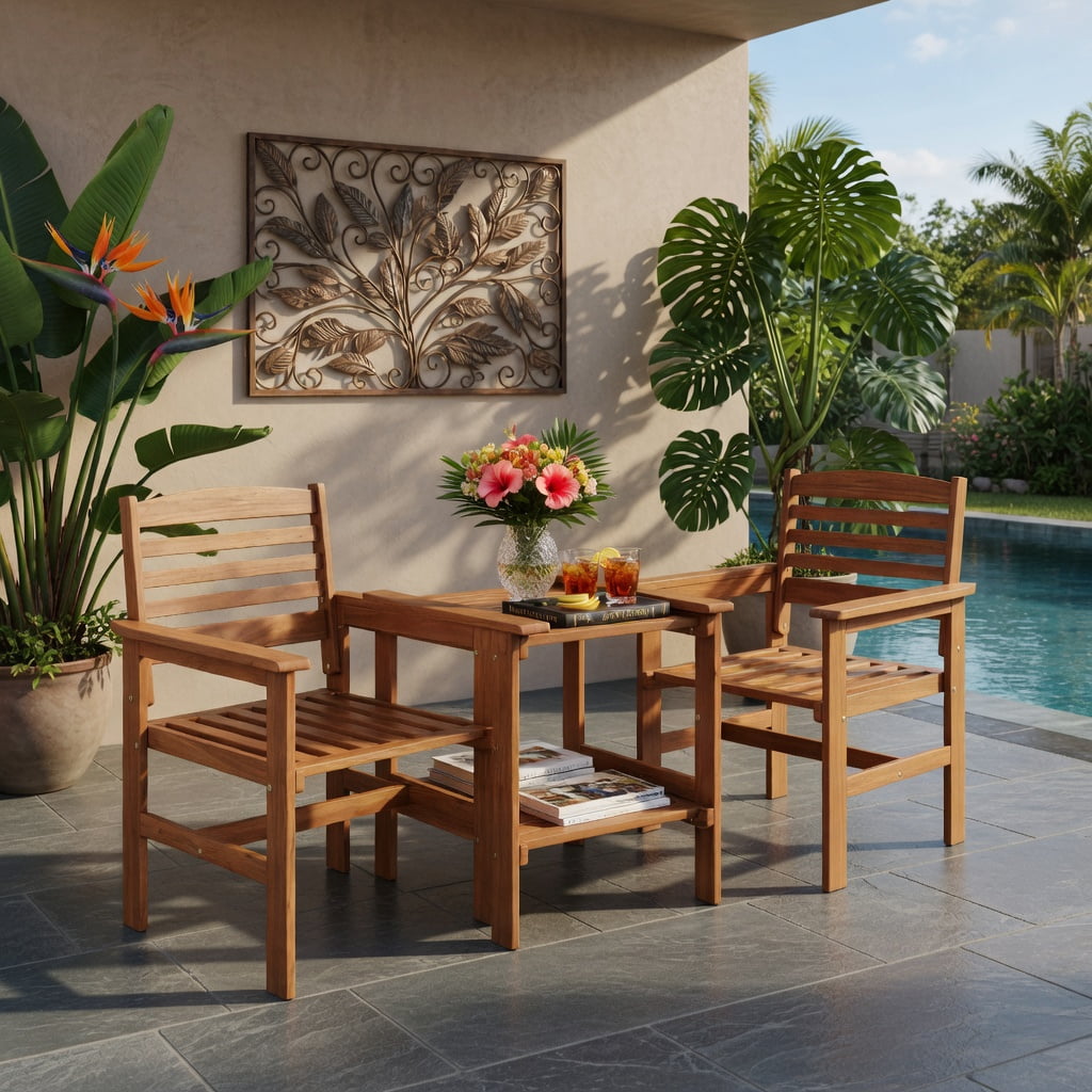 Hommoo Wood 2-Person Outdoor Patio Conversation Set with Coffee Table & Umbrella Hole, Rustic Backyard Seating for Deck, Poolside, or Garden, Natural