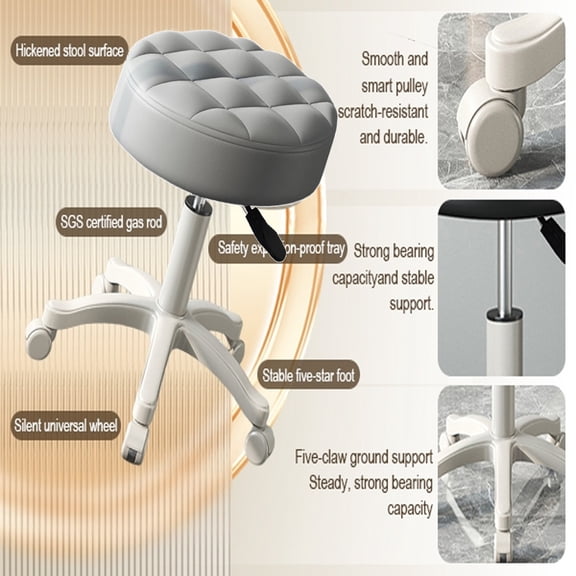 Tereitr Swivel Chair Point Stool with Wheels Rolling Stool Faux Leather Soft Cushion Height Adjustable 360-degree Swivel Backless Drafting for Office, Salan,Home (Grey)