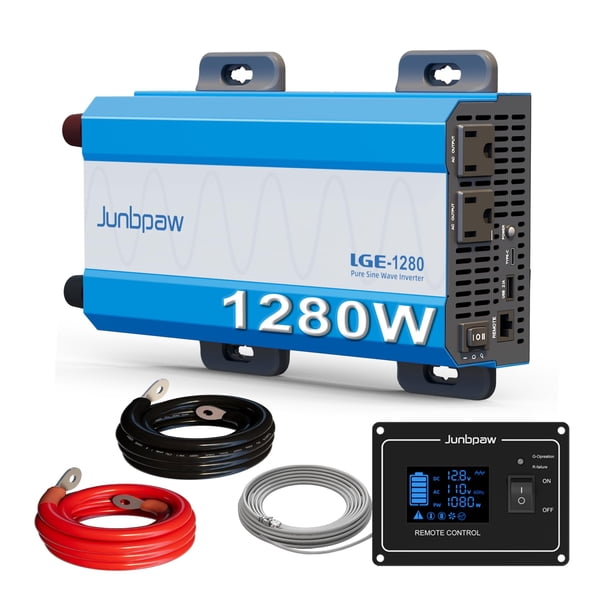 Inversor de energía Junbpaw de onda sinusoidal pura de 1280 W, 12 V a 120 V AC