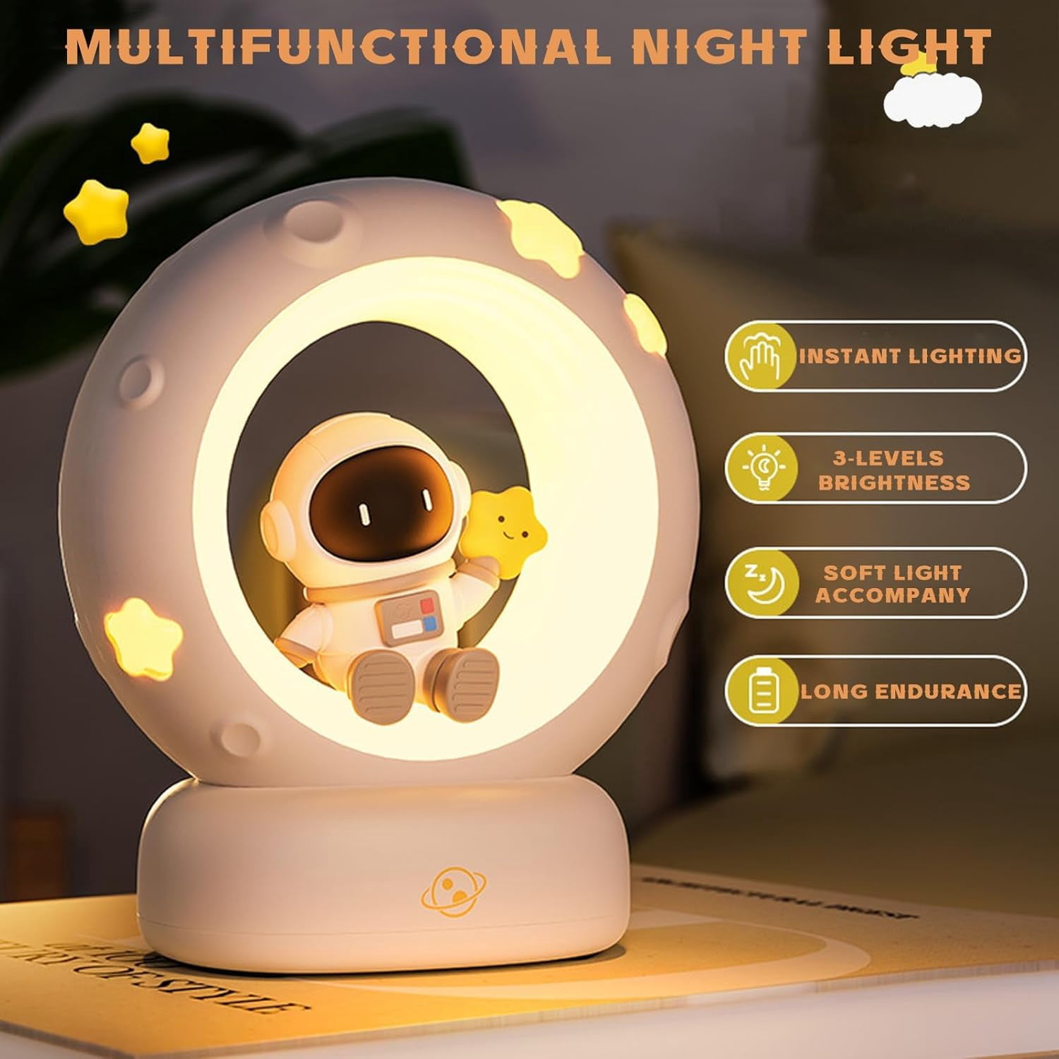 Space Astronaut LED Night Light for Kids, Cute Nursery Lamp with Touch Sensor, 3-Level Dimmable Rechargeable Bedside Light, Astronaut Decor Gifts for Girls Baby