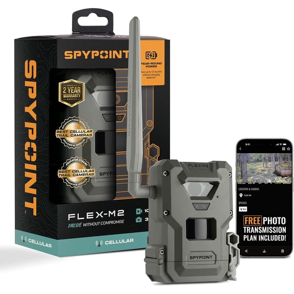 SPYPOINT FLEX-M2 Cellular Trail Camera, 32MP Photos, 1080p Video with Sound, GPS, Dual-SIM LTE, Night Vision, No Wi-Fi Required