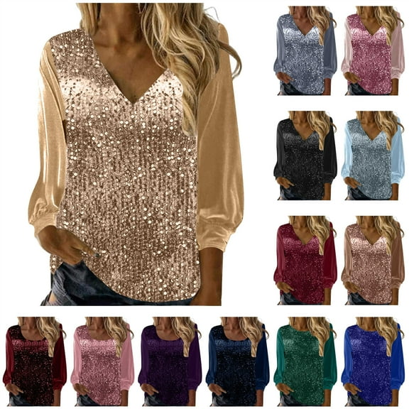 QATAINLAV Womens Sequin Velvet Tops Fashion Glitter Sparkly Blouse Casual V Neck Long Sleeve Shirts Dressy Evening Party Holiday Outfits Black XXXL