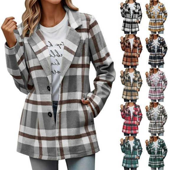 Wool Blend Pea Coats for Women Plaid Trench Coat Lightweight Blazer Jacket Fall Winter Classic Mid Length Peacoat