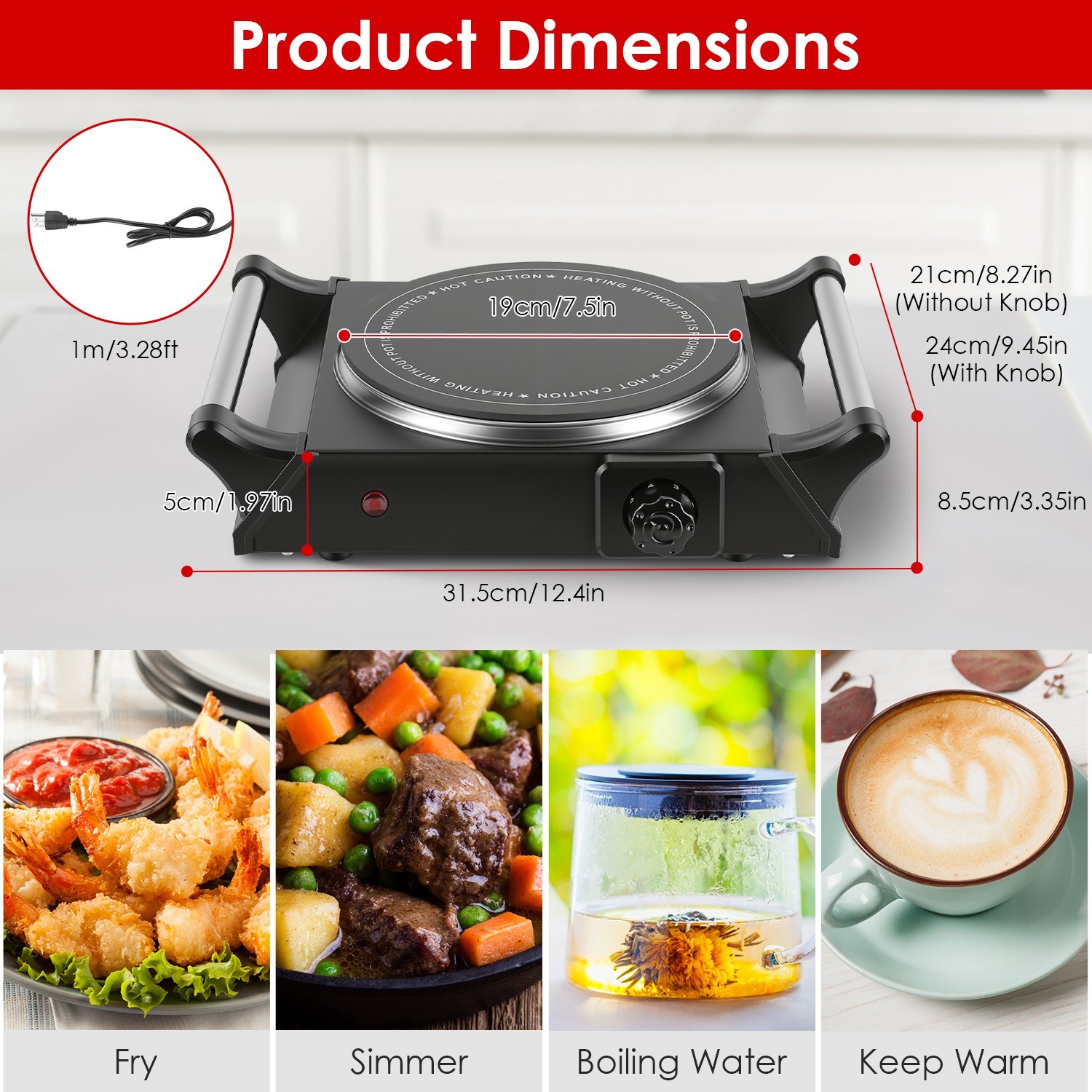 1000W Portable Electric Hot Plate with Adjustable Temperature, Handles, for Home, RV, or Countertop Cooking