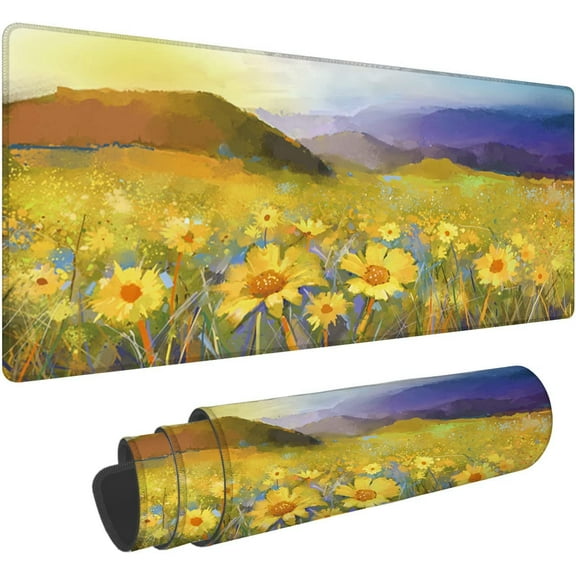 Oil Painting of Sunset Landscape with Golden Daisy Field Mouse Pad Large Mouse Mat XL Desk Mat Extended Mouse Mat Non-Slip Laptop Computer Keyboard Mouse Pad for Office & Home 31.5x11.8 Inch
