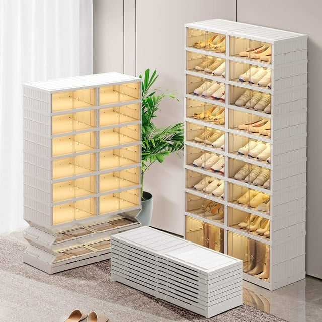 - Foldable Shoe Rack Organizer for Closet Pairs Collapsible Plastic Shoe Shelf Large Shoes Cabinet with Door Clear Stackable Storage Box Easy Assembly