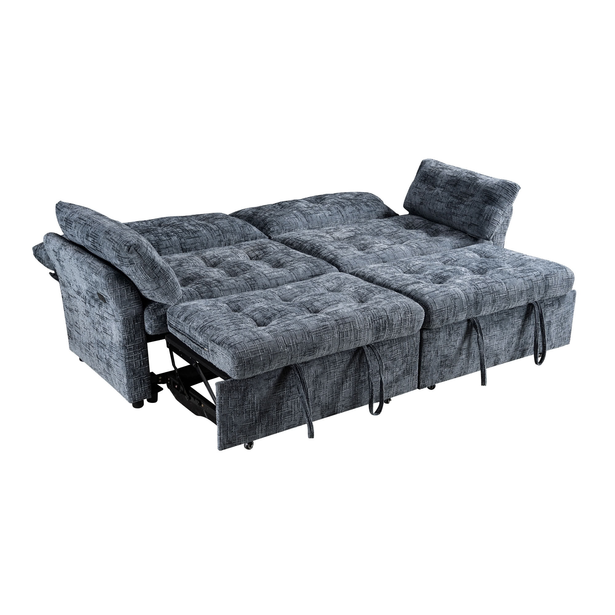 MAYEERTY Convertible Sleeper Sofa with Double Pull-Out Beds, 3-in-1 Tufted Linen Sofa Bed with 180° Flat Backrest, for Living Room, Apartment, Small Space