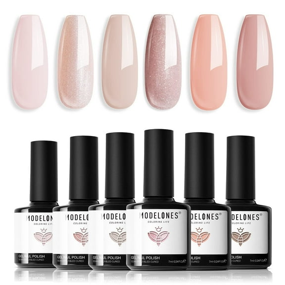 modelones Gel Nail Polish Set, 6 Colors Neutral Nude Gel Polish Skin Tone Cashmere Pink Glitter Nail Polish Bubble Bath Collection Starter Kit Soak Off All Season Manicure DIY Salon Gift
