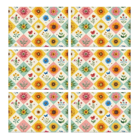Pioneer Flower Floral Print Pattern Summer Placemats Table Placemats Set Of 6-Linen Kitchen Washable Placemats Table Mats 12x18 Inch Non-Slip Heat Resistant