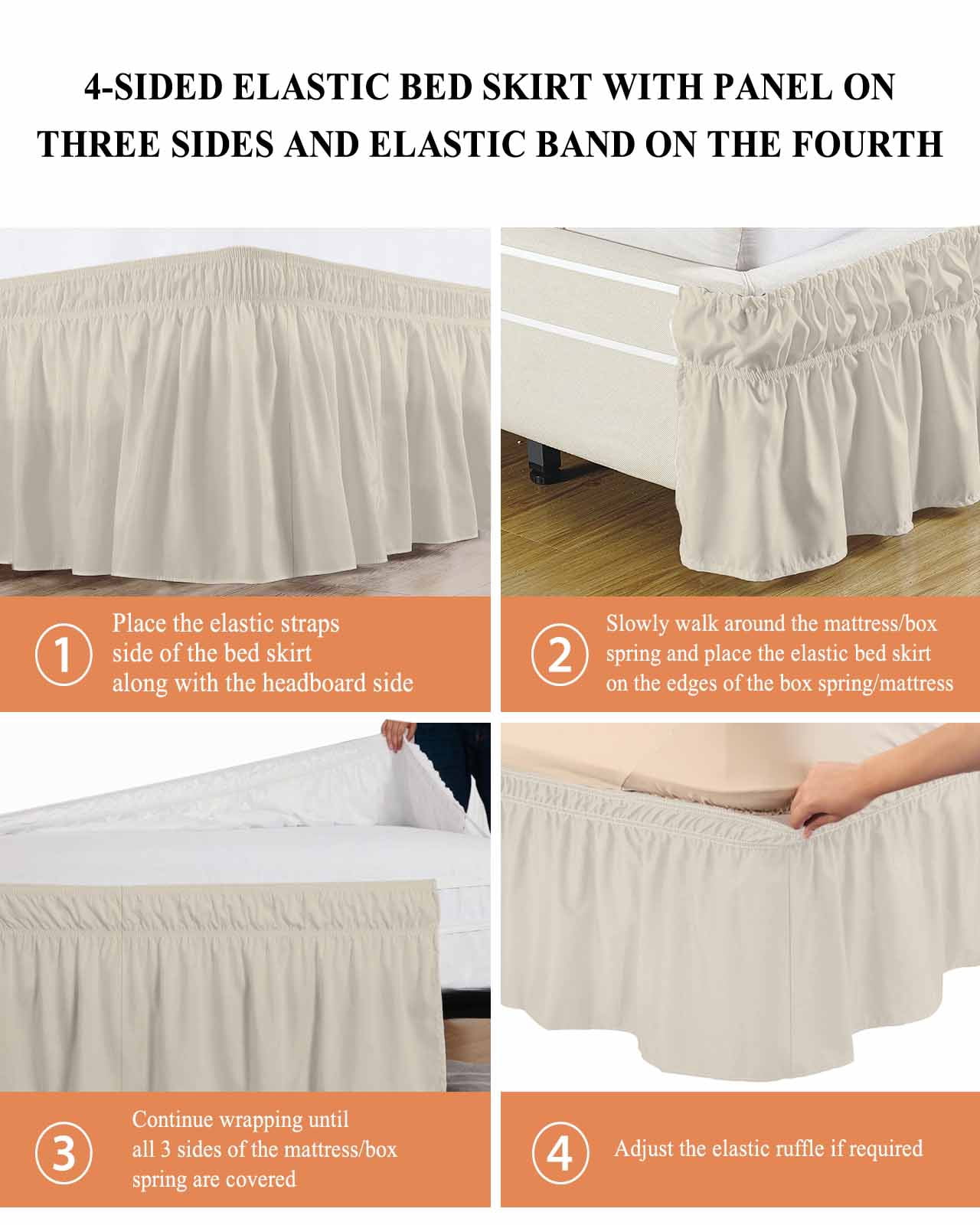 Beige Bed Skirt White Swan Solid Color Bed Skirts Queen Size 18 Inch Drop, Wrap Around Dust Ruffle&nbsp;Bedskirt with Adjustable Elastic Belt for Queen Size Beds